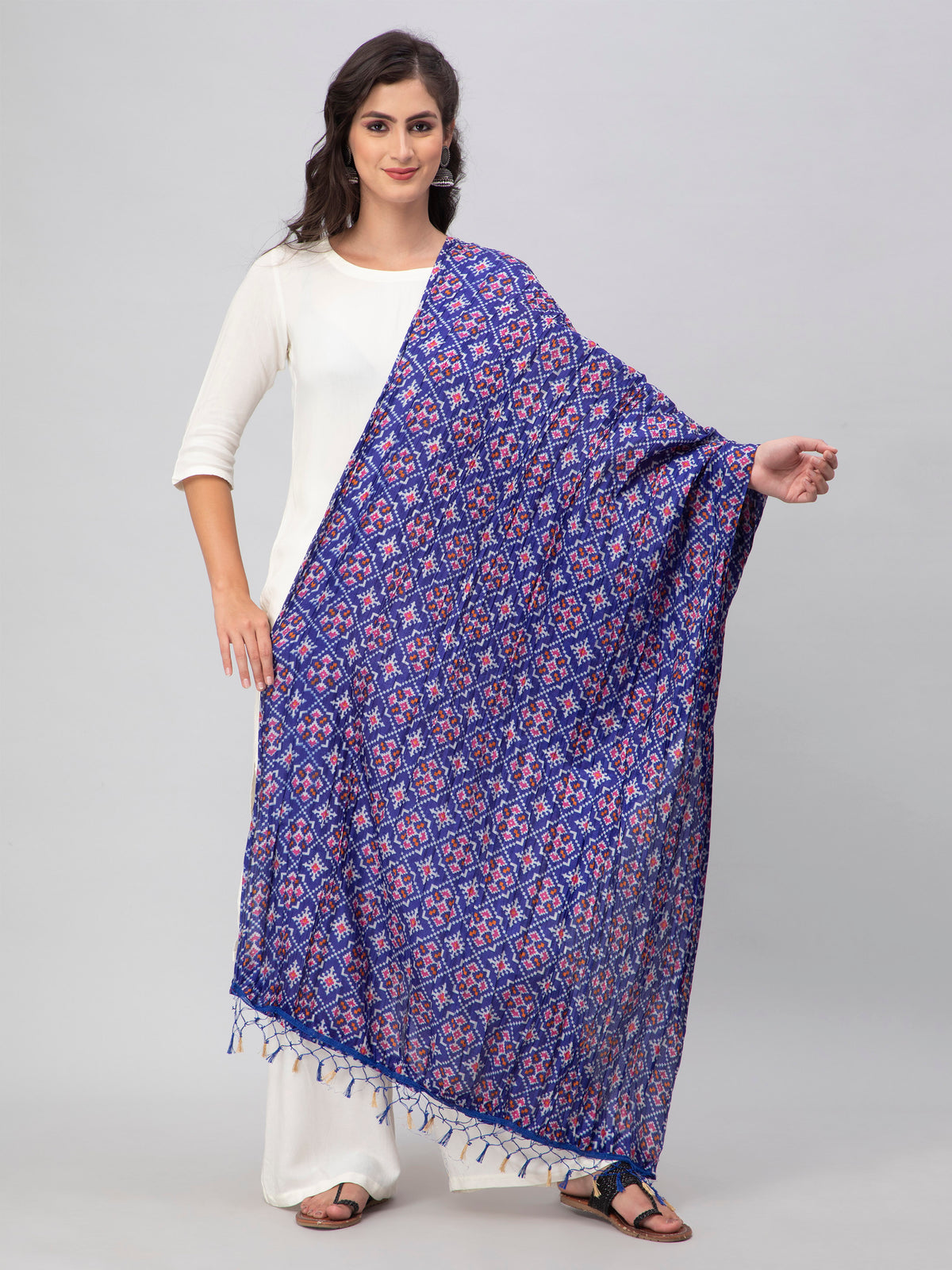 Blue Printed Silk Blend Dupatta