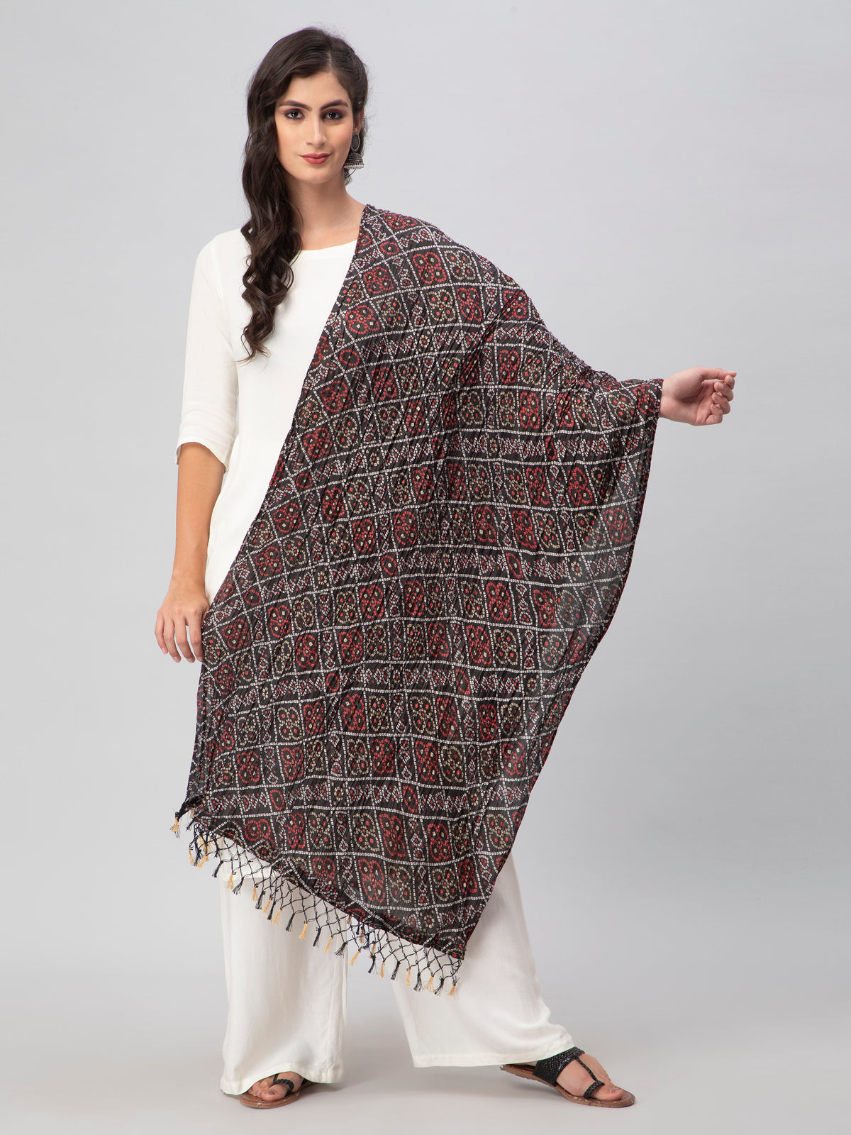 Black Printed Silk Blend Dupatta
