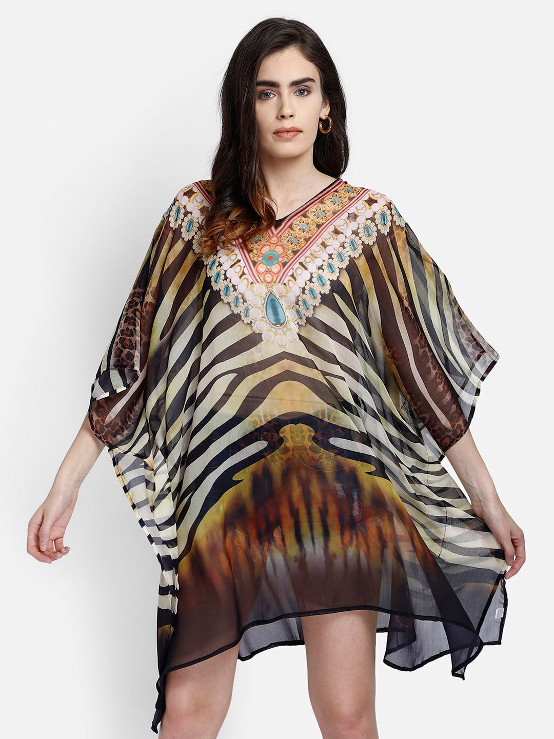 Multi color printed polyester kaftan Aditi Wasan