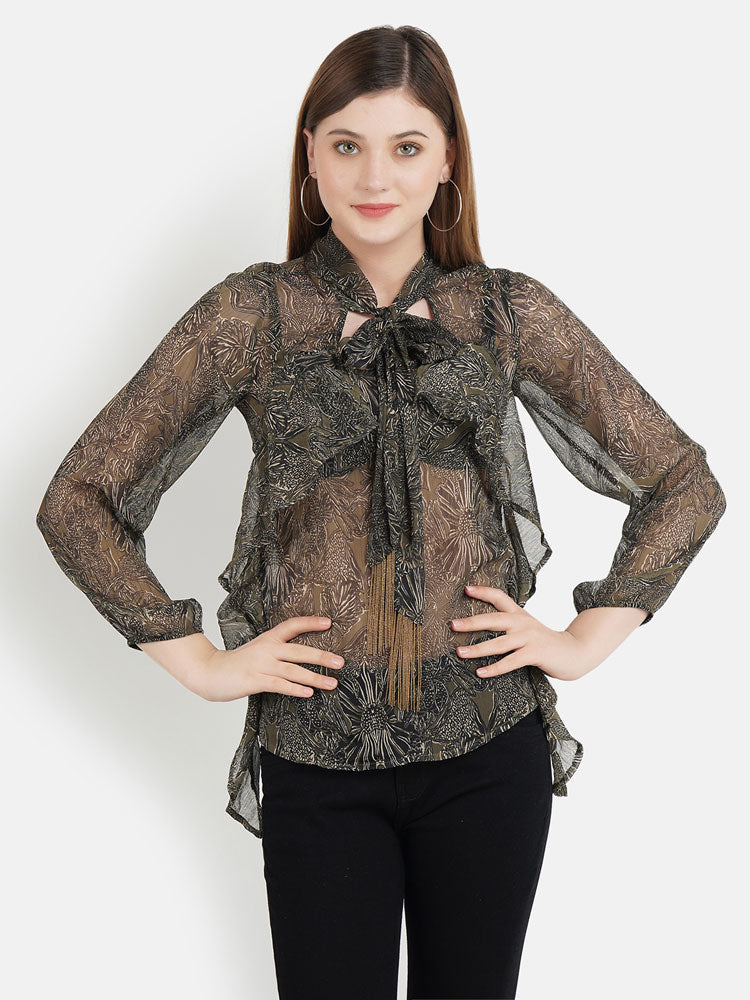 green-tropical-print-tie-neck-semi-sheer-ruffel-front-top