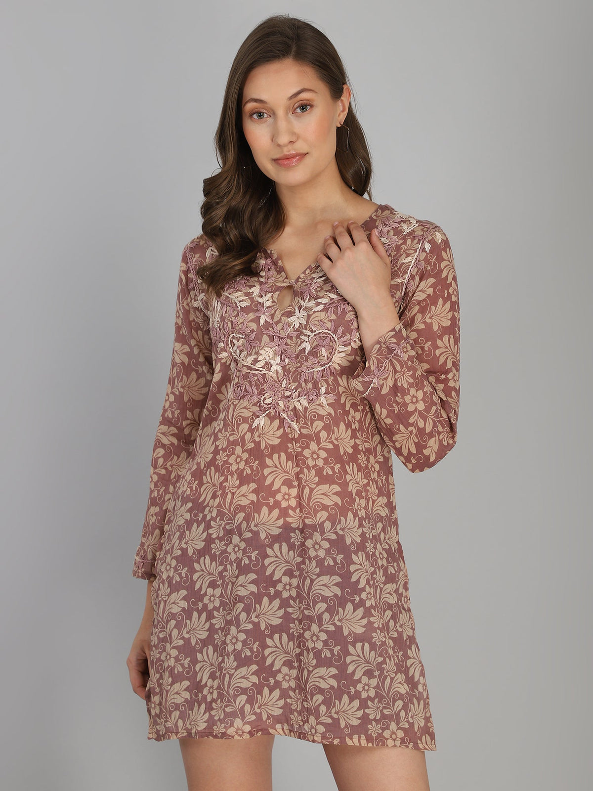 Taupe hand embroidered cotton tunic - Aditi Wasan