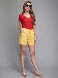 Yellow printed rayon women shorts