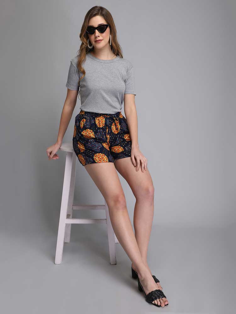 Printed blue rayon women shorts