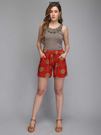 Red printed rayon women shorts