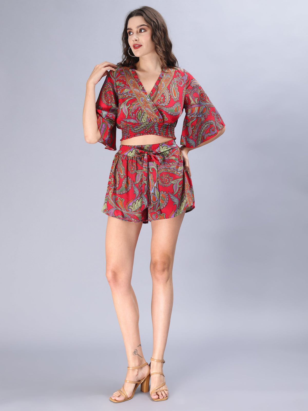 Avana Silk Paisley Print Green Polysilk Halter Top and Shorts Co-ords Set