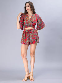Avana Silk Paisley Print Green Polysilk Halter Top and Shorts Co-ords Set