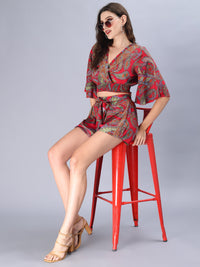 Avana Silk Paisley Print Green Polysilk Halter Top and Shorts Co-ords Set