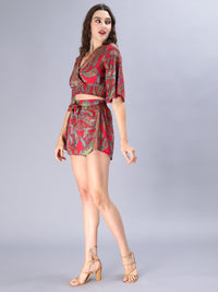 Avana Silk Paisley Print Green Polysilk Halter Top and Shorts Co-ords Set
