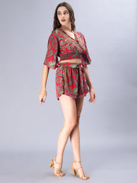 Avana Silk Paisley Print Green Polysilk Halter Top and Shorts Co-ords Set