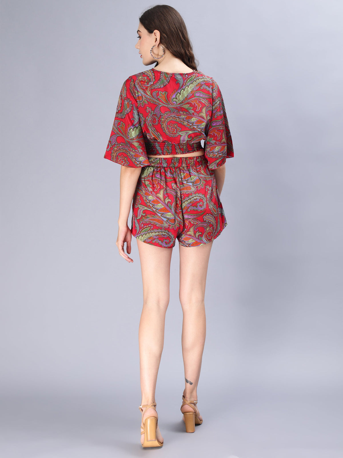 Avana Silk Paisley Print Green Polysilk Halter Top and Shorts Co-ords Set