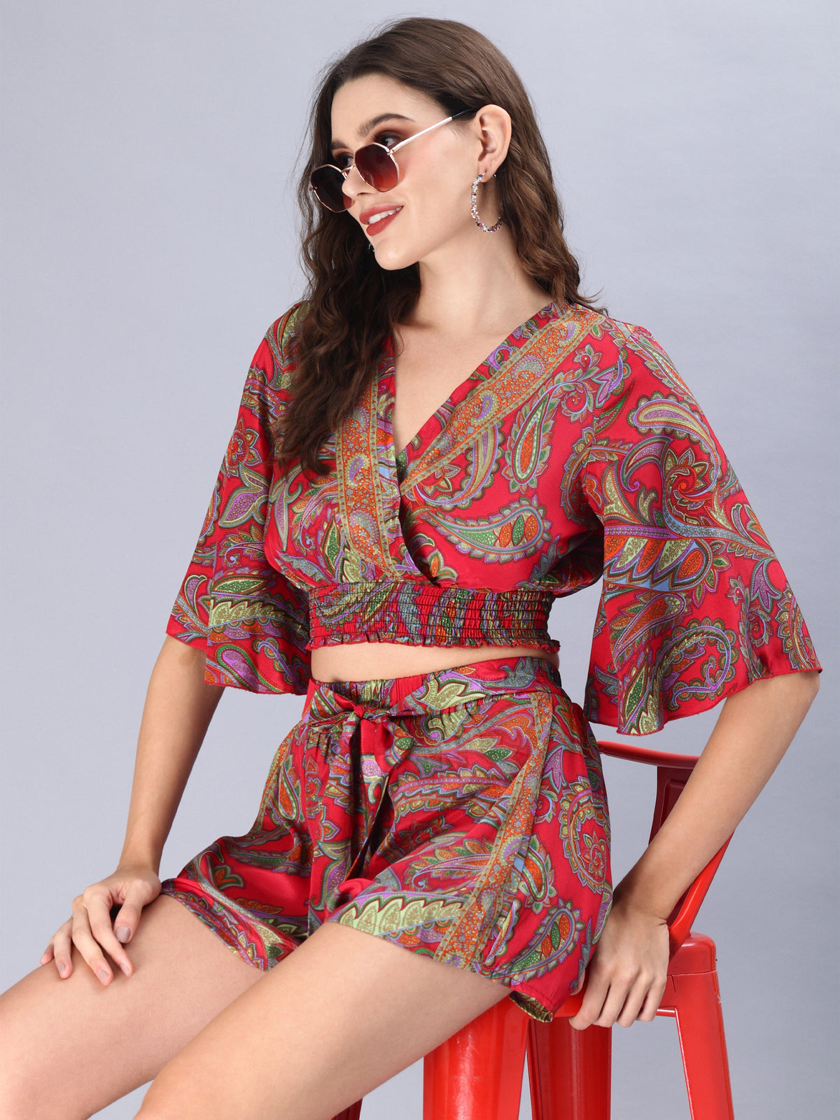 Avana Silk Paisley Print Green Polysilk Halter Top and Shorts Co-ords Set
