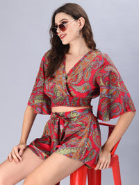 Avana Silk Paisley Print Green Polysilk Halter Top and Shorts Co-ords Set