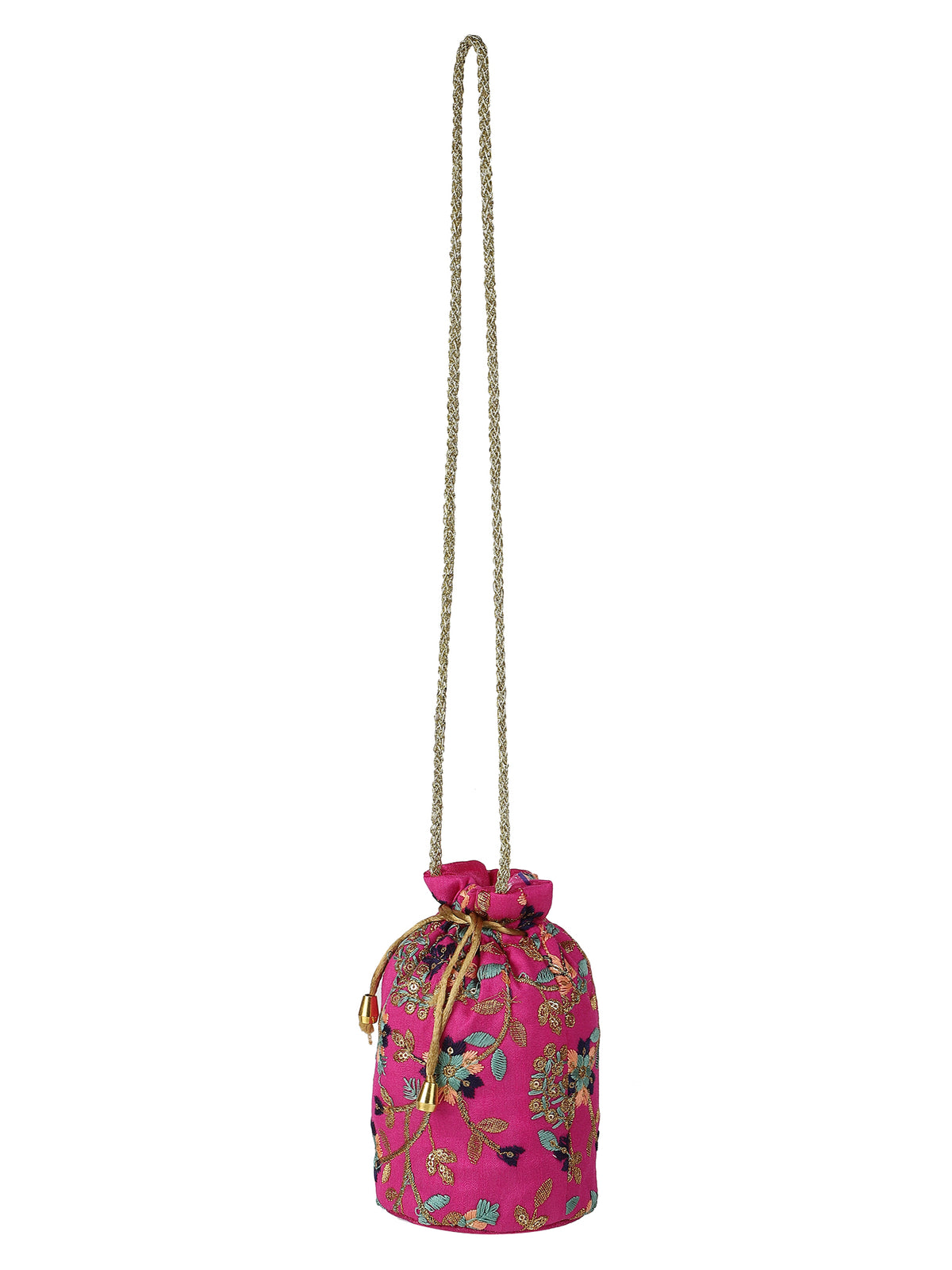Pink Potli Bag Wth Multicolor & Golden Embroidery