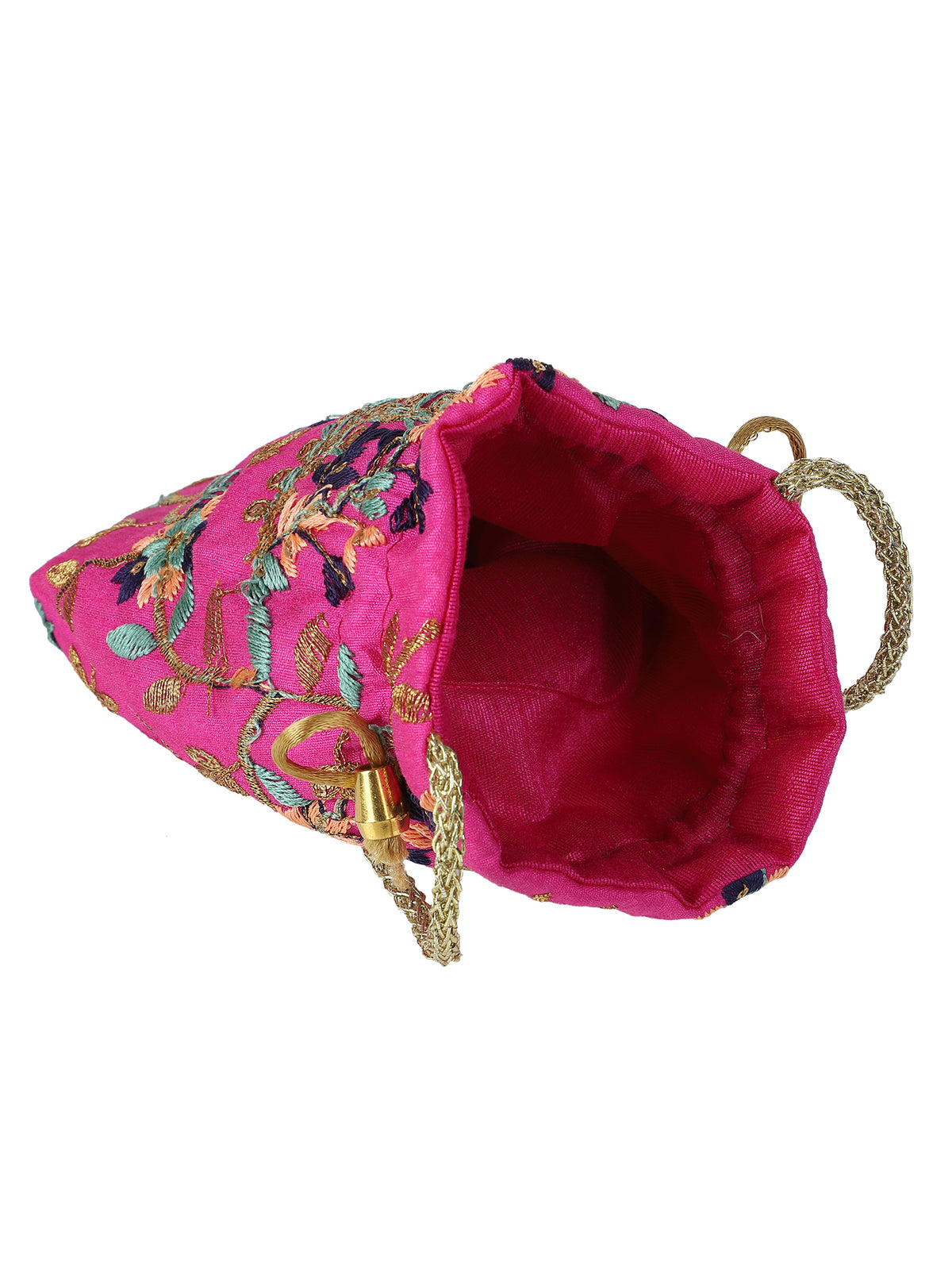 Pink Potli Bag Wth Multicolor & Golden Embroidery