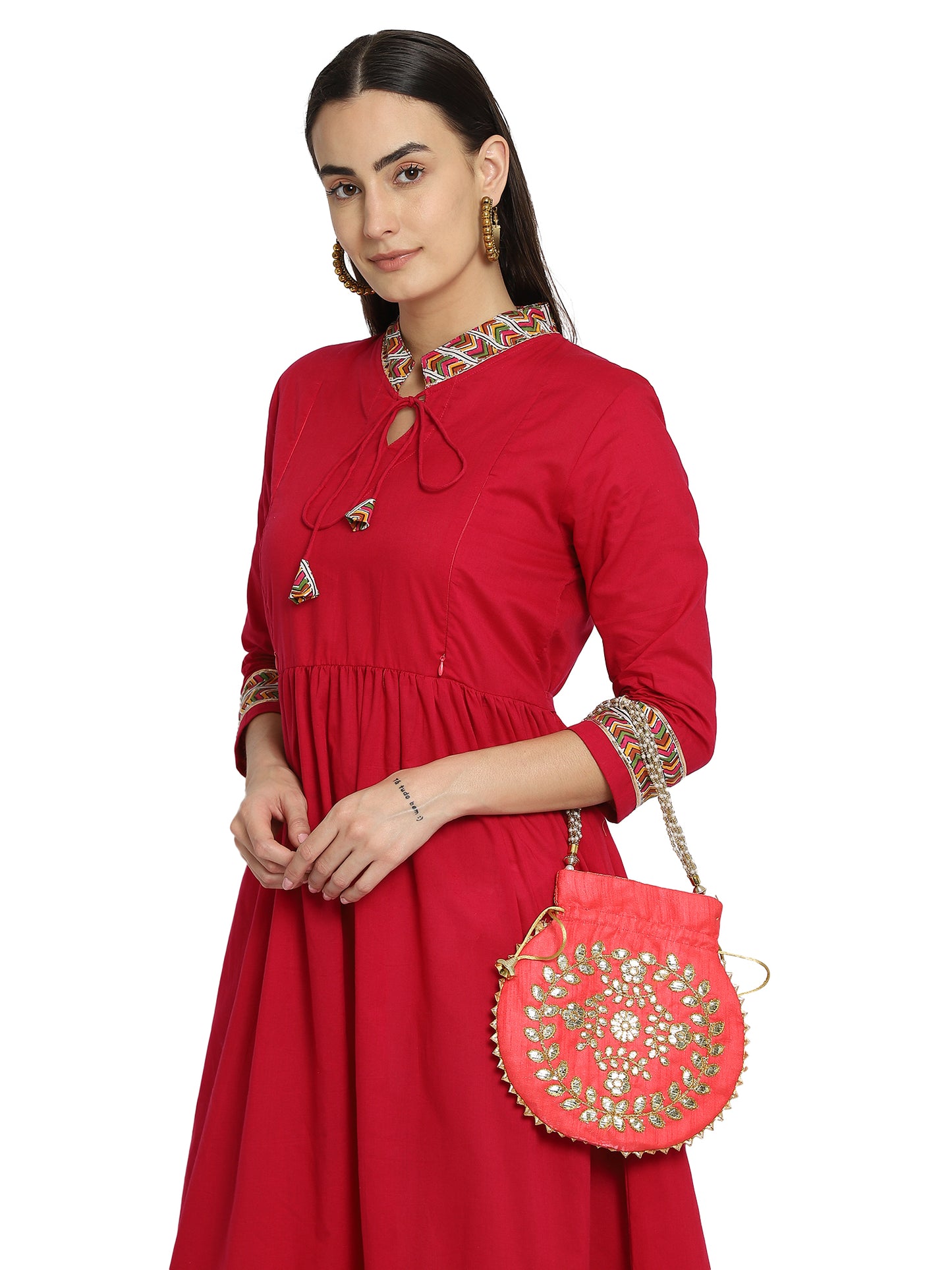 Red Potli Bag With Golden Embroidery