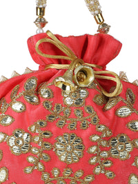 Red Potli Bag With Golden Embroidery