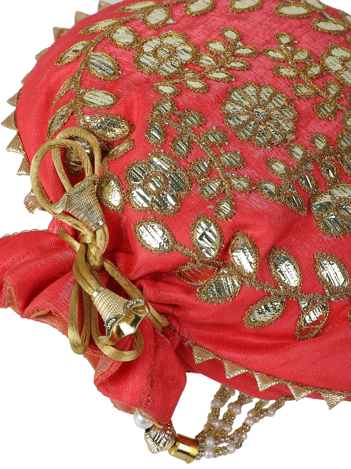 Red Potli Bag With Golden Embroidery