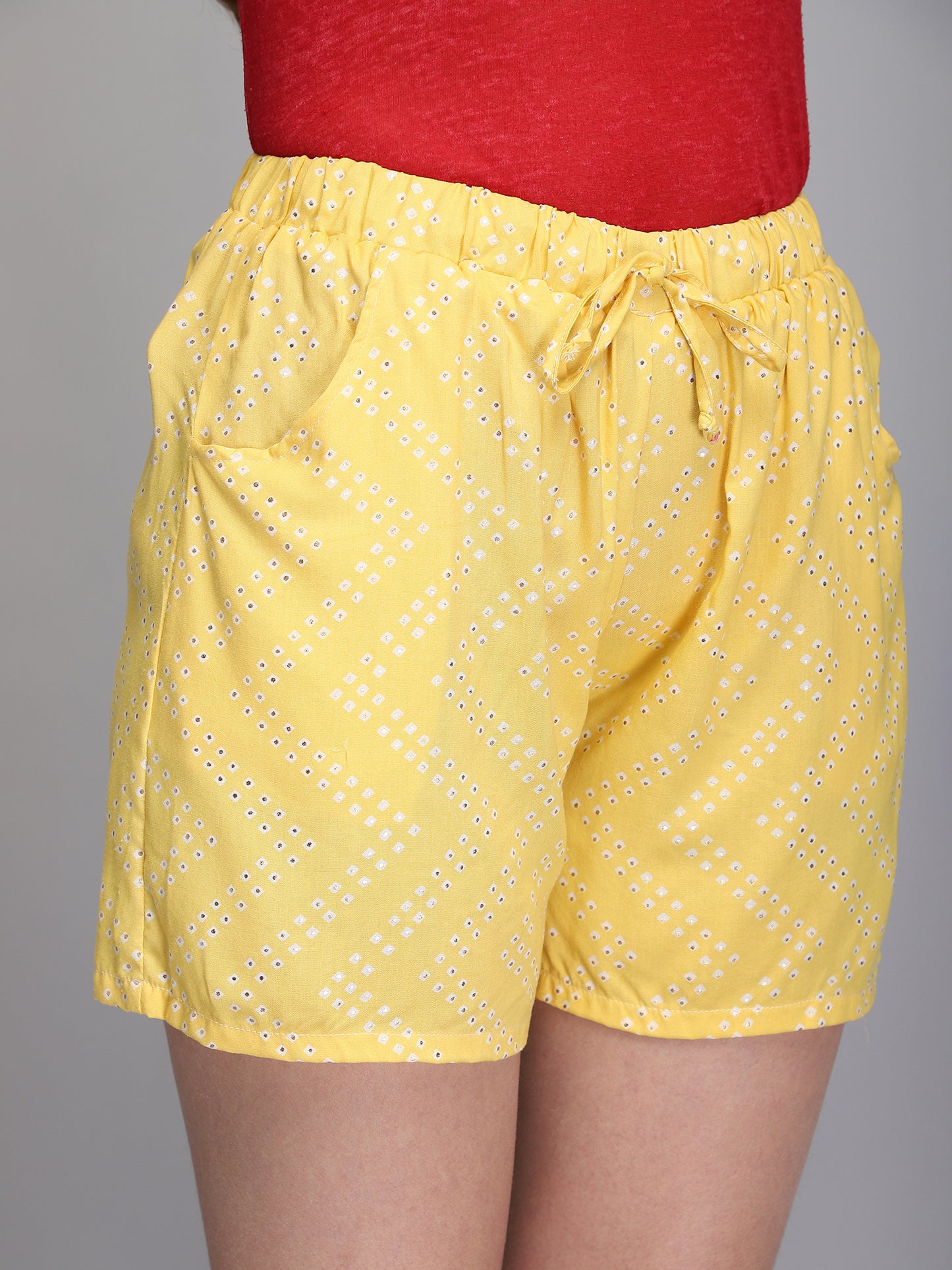 Yellow printed rayon women shorts