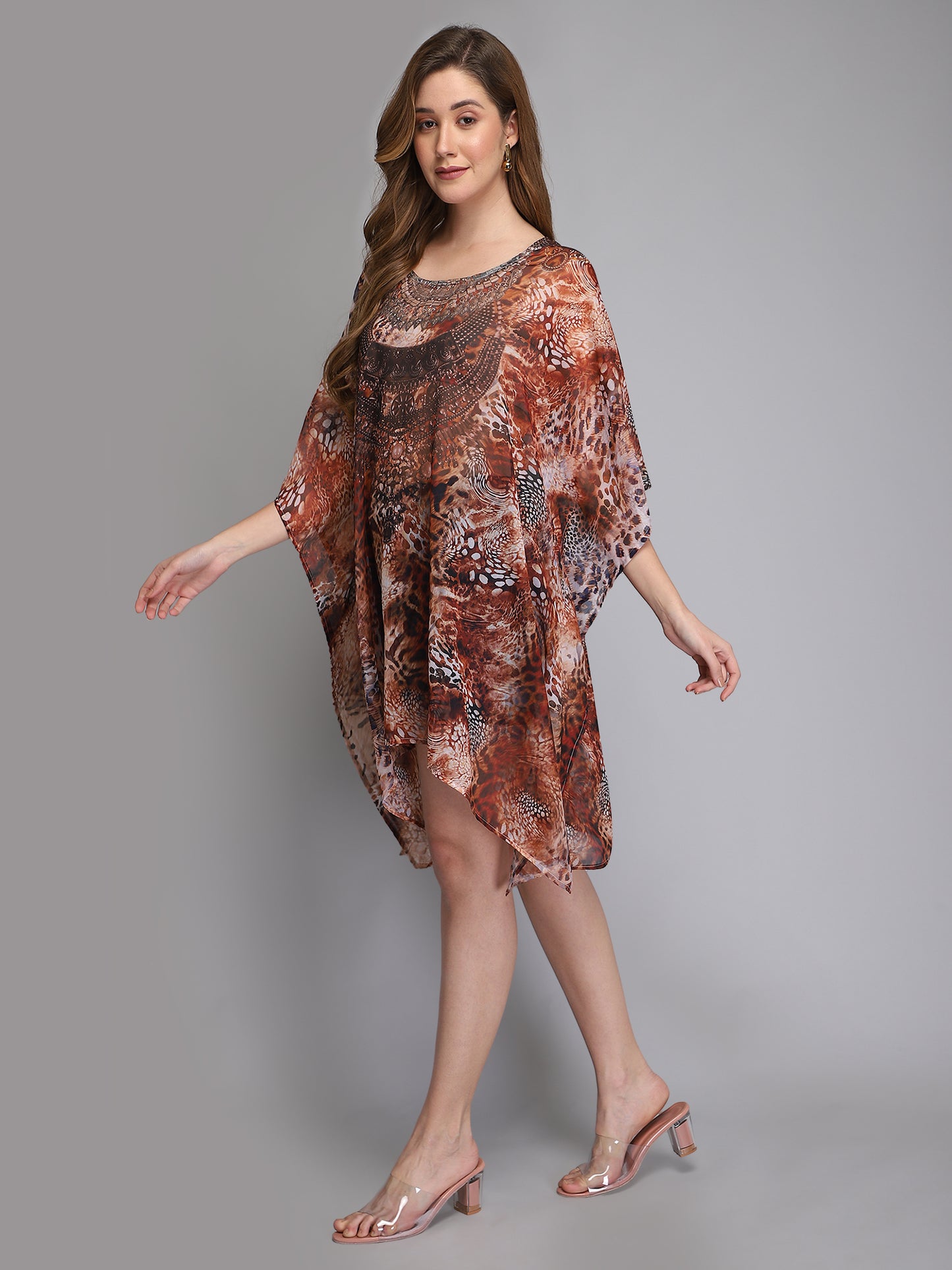 Tiger print brown polyester kaftan