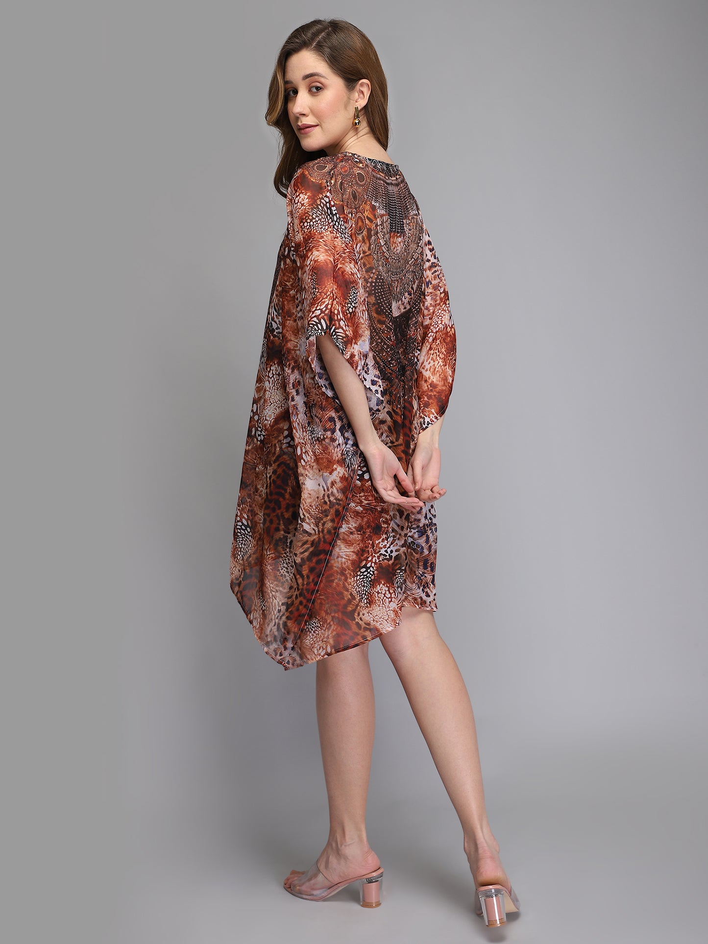 Tiger print brown polyester kaftan