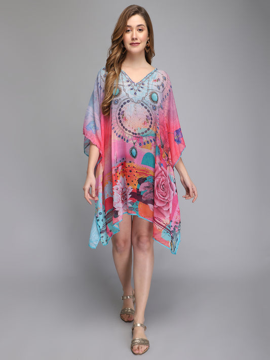Floral and abstract print multicolor polyester kaftan