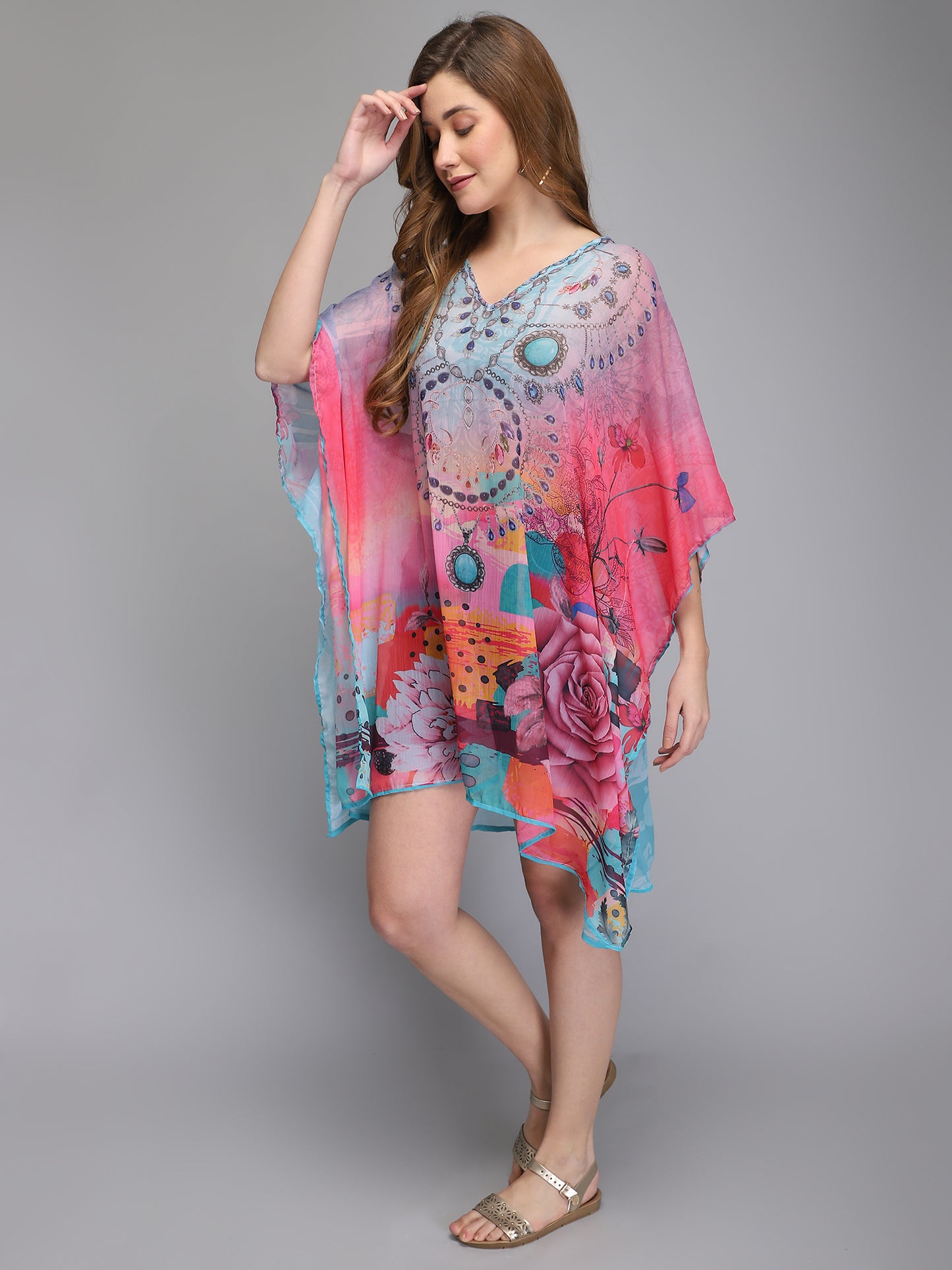 Floral and abstract print multicolor polyester kaftan