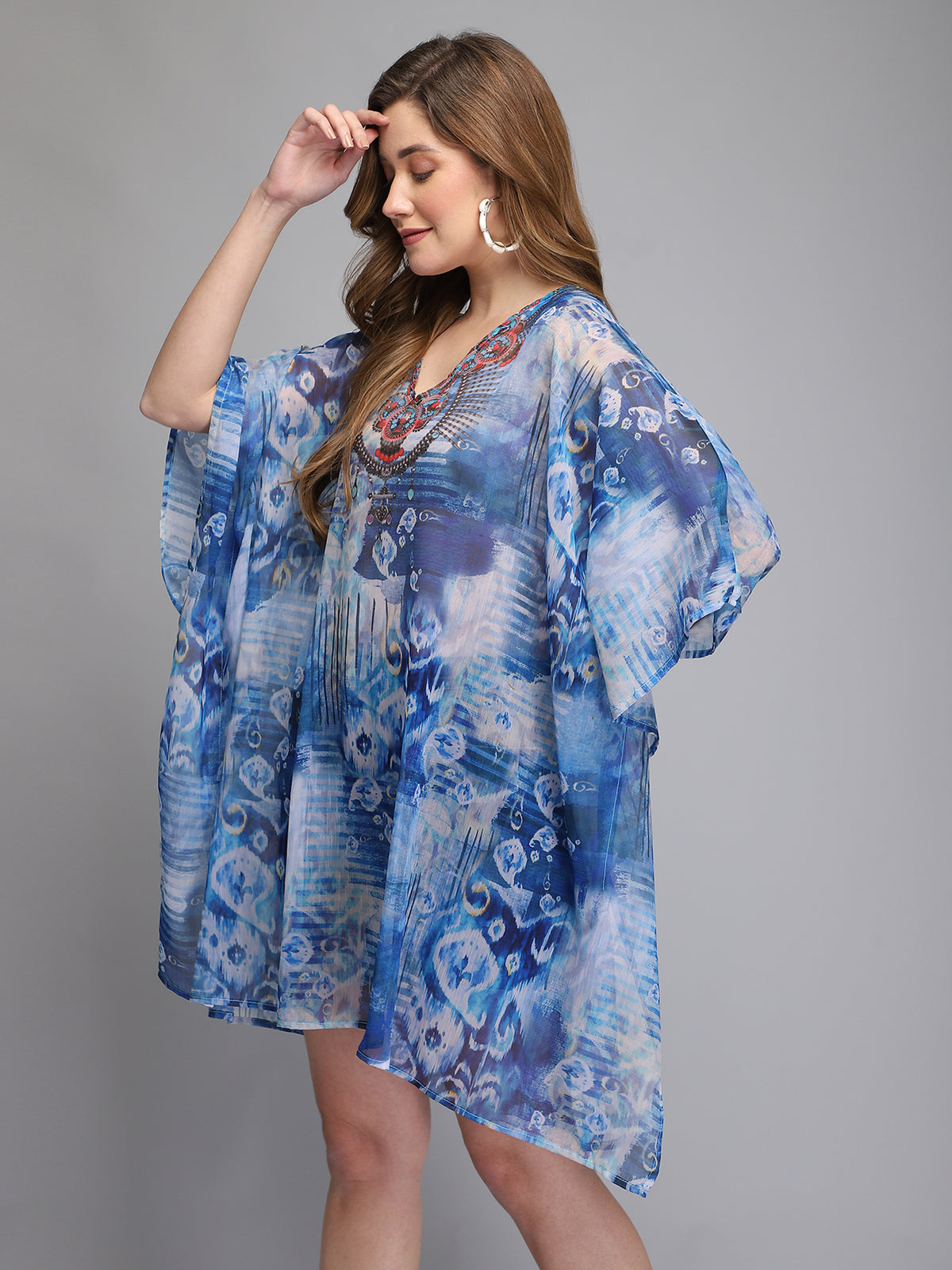 Blue and White Printed Polyester Kaftan
