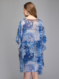 Blue and White Printed Polyester Kaftan for ladies