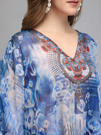Blue and White Printed Polyester Kaftan for ladies