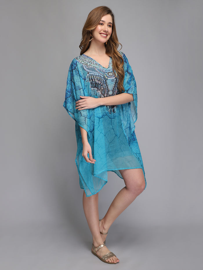 Polyester Printed Blue Freesize Kaftan Midi Dress