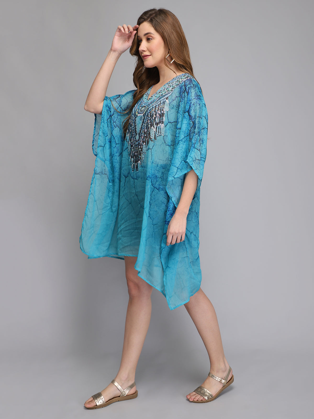 Polyester Printed Blue Freesize Kaftan Midi Dress