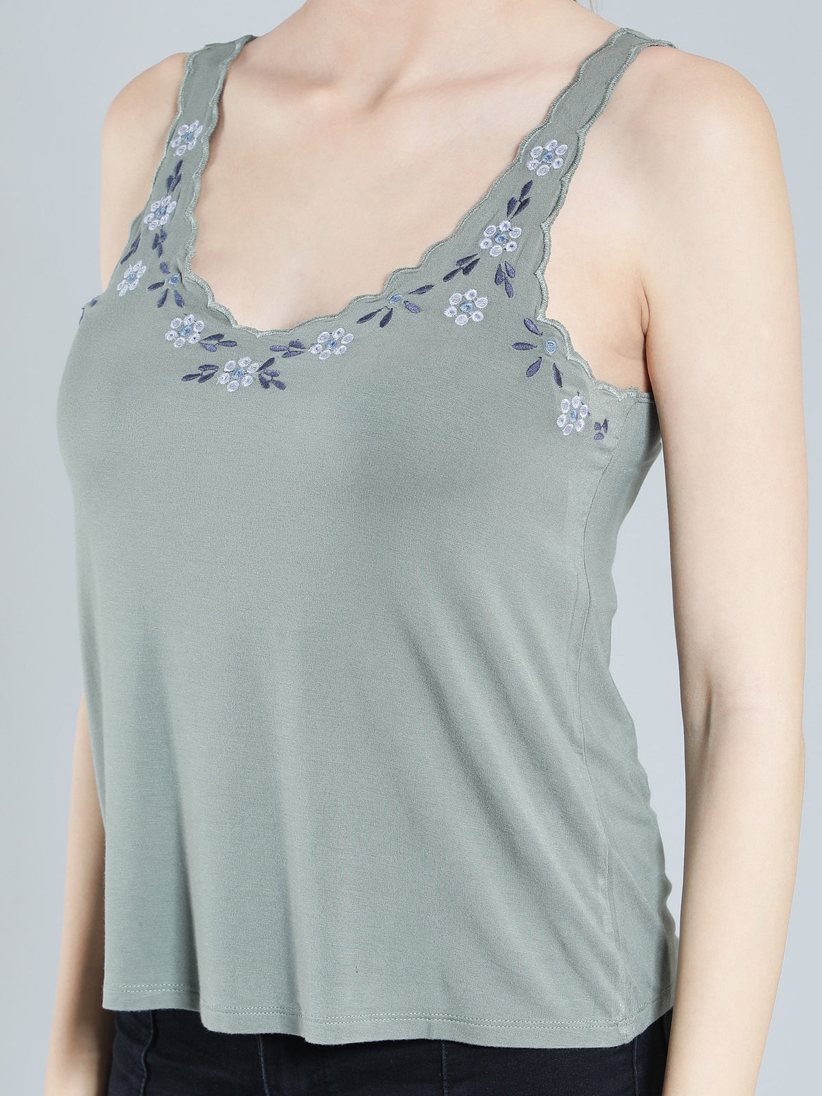 Grey Embroidered Neck Line Viscose Tank Top