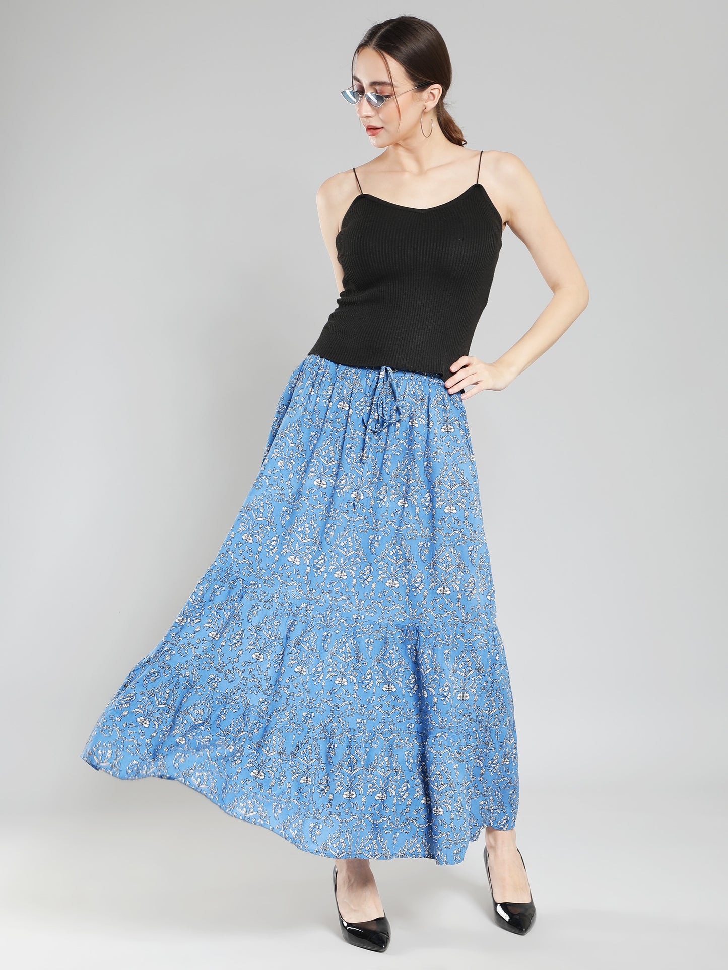 Blue floral Print Viscose Maxi Skirt