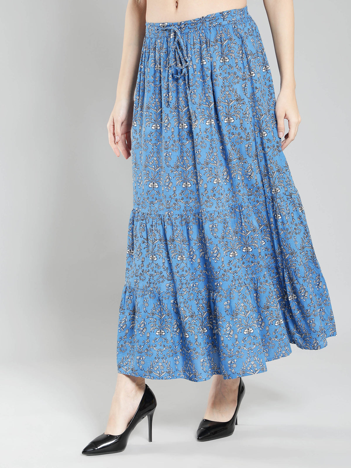 Blue floral Print Viscose Maxi Skirt