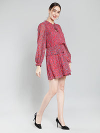 Red printed layred mini polyester dress