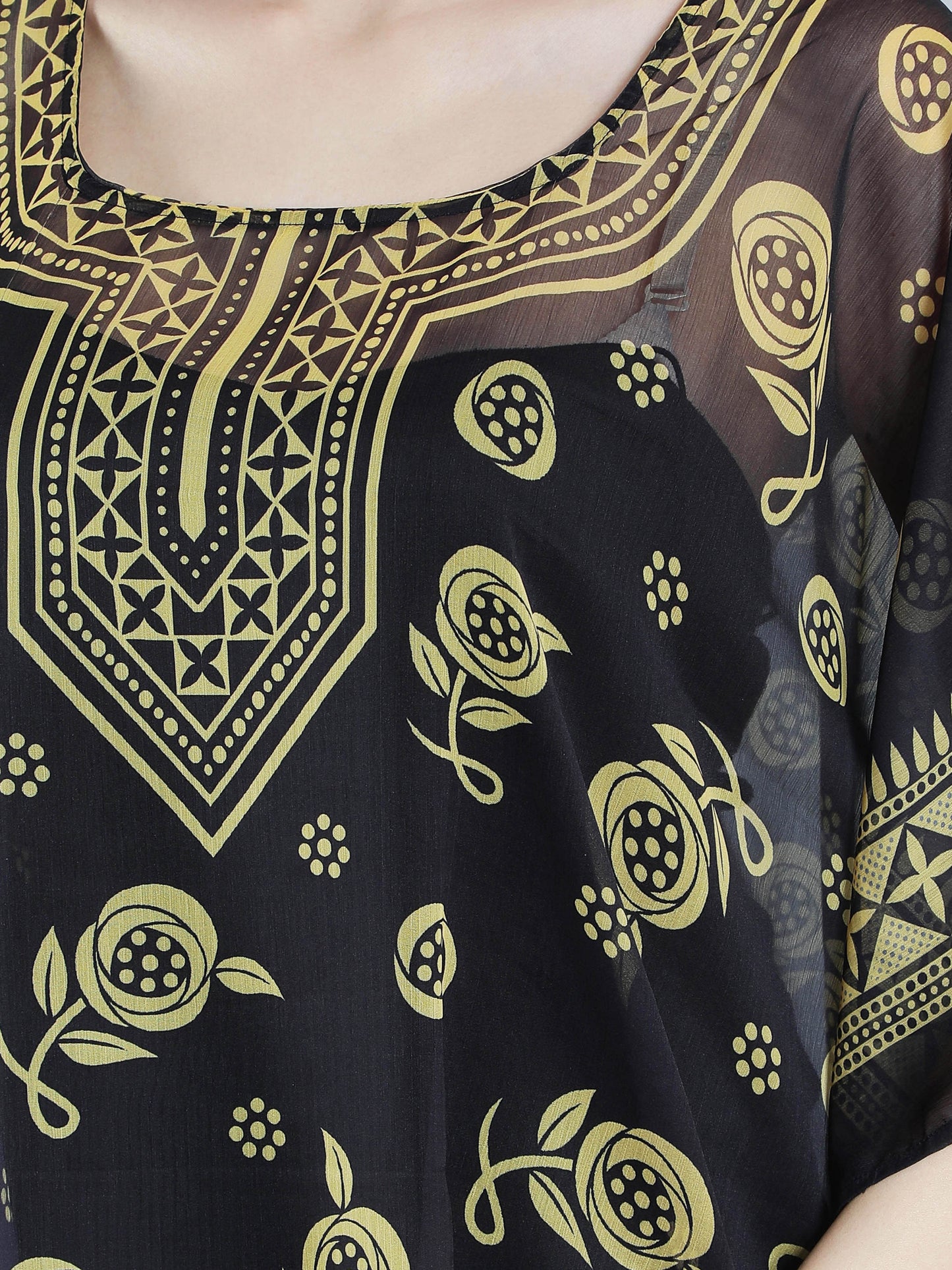 Printed Polyester Black Kaftan With Three-quarter kimono sleeves