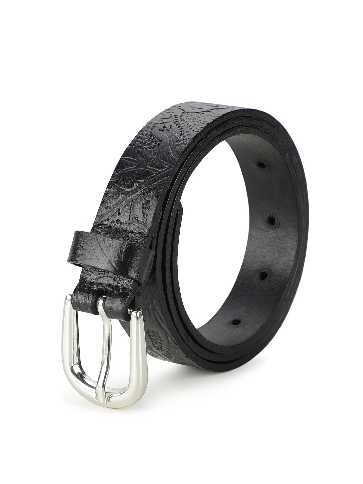 Black shantiniketan batik pattern embossed belt