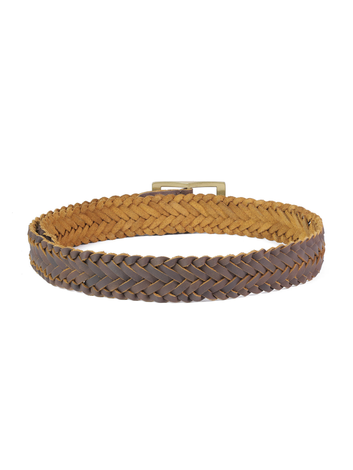 Aditi Wasan Women's Brown Braided Genuine Leather Belt with Brass Square Buckle