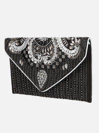 Embroidered Black and Silver Clutch
