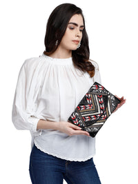 Embroidered Multicolor Black Clutch