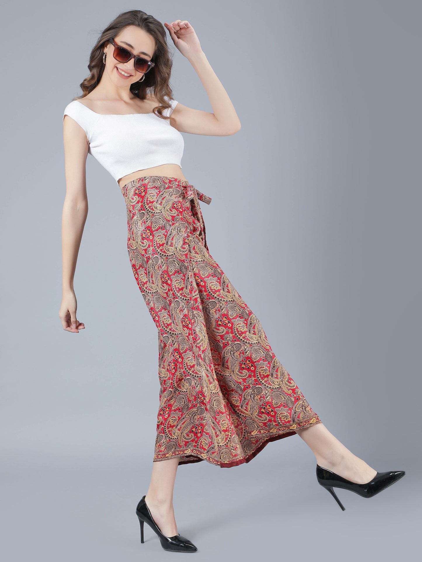 Women Red Printed Tie Wrap Pant