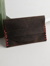 Genunie Leather Cardholder with Detailed Red Stiching Holds up to 15 Cards - Brown