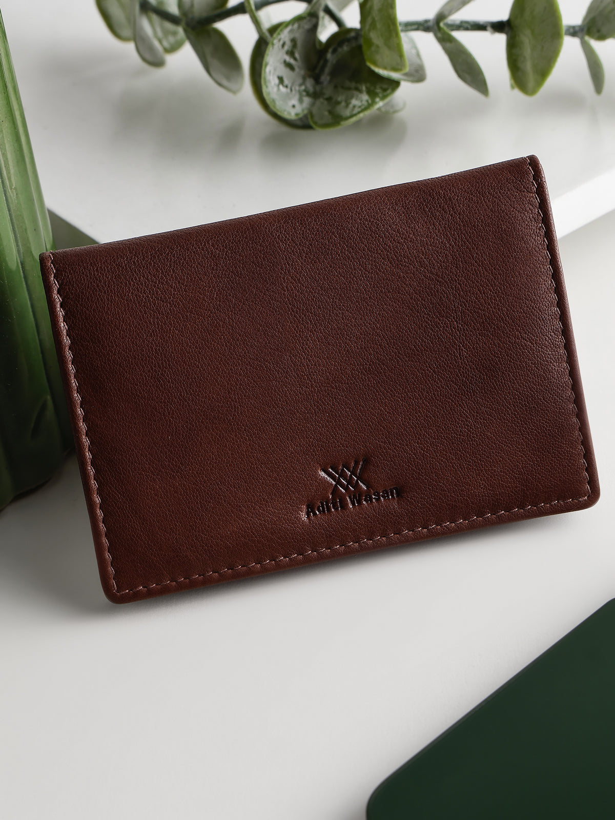 Genuine Leather Cardholder with Flab Button Closure Holds up to 15 Cards - Brown