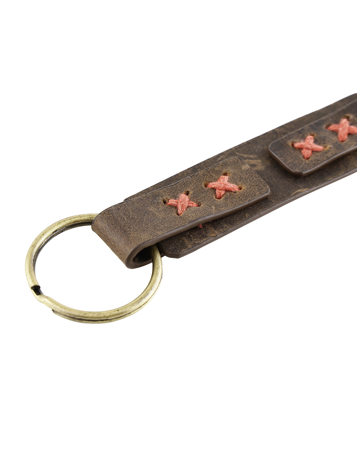 Genuine Leather Keyring with Red Hand Stitched Detailing - Brown