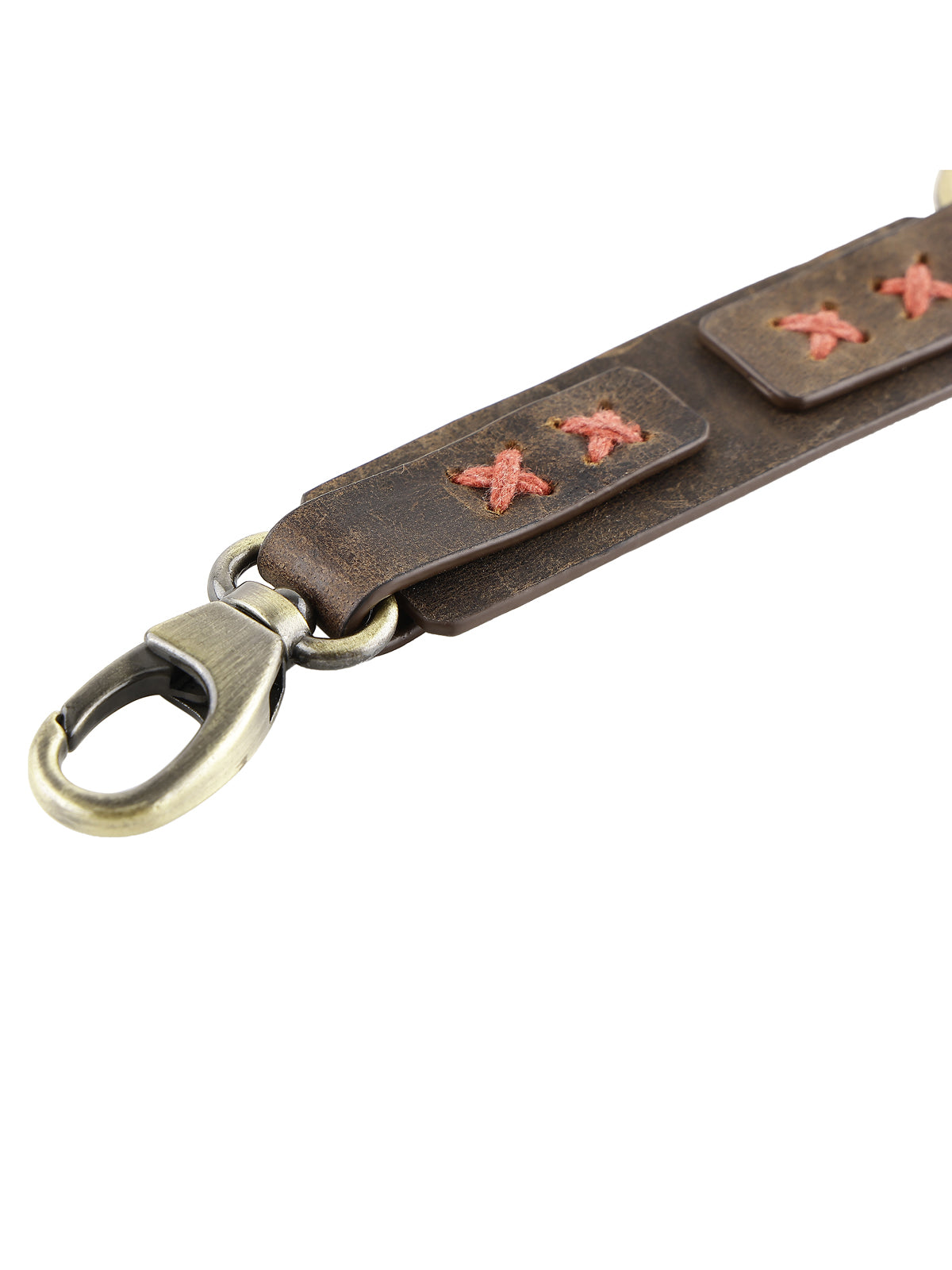 Genuine Leather Keyring with Red Hand Stitched Detailing - Brown