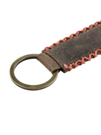 Genunie Leather Keyring with Red Stiched Detailing and Hook for Men & Women - Brown