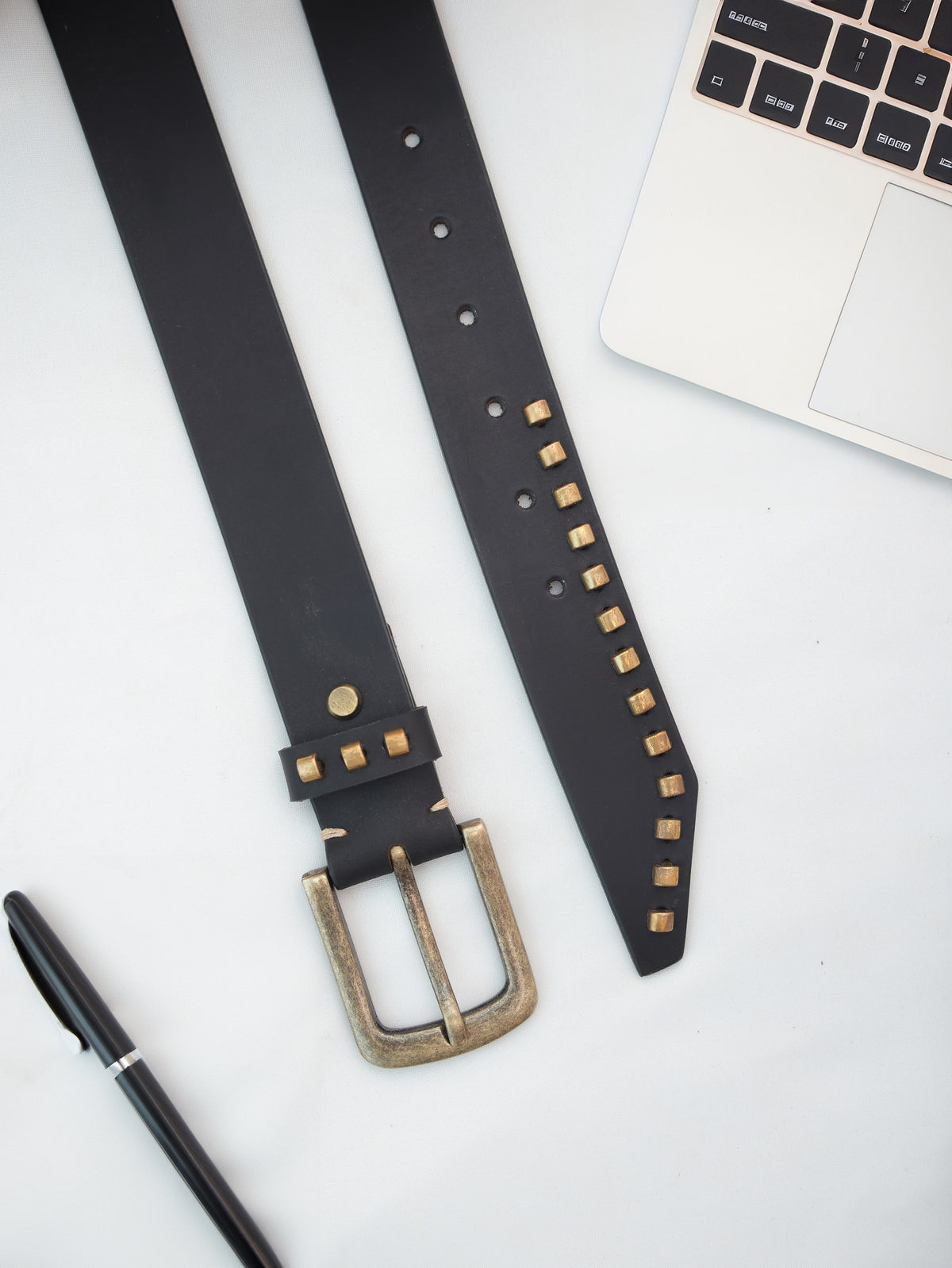 Black Genuine Leather Studded Belt for Women