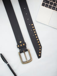 Black Genuine Leather Studded Belt for Women