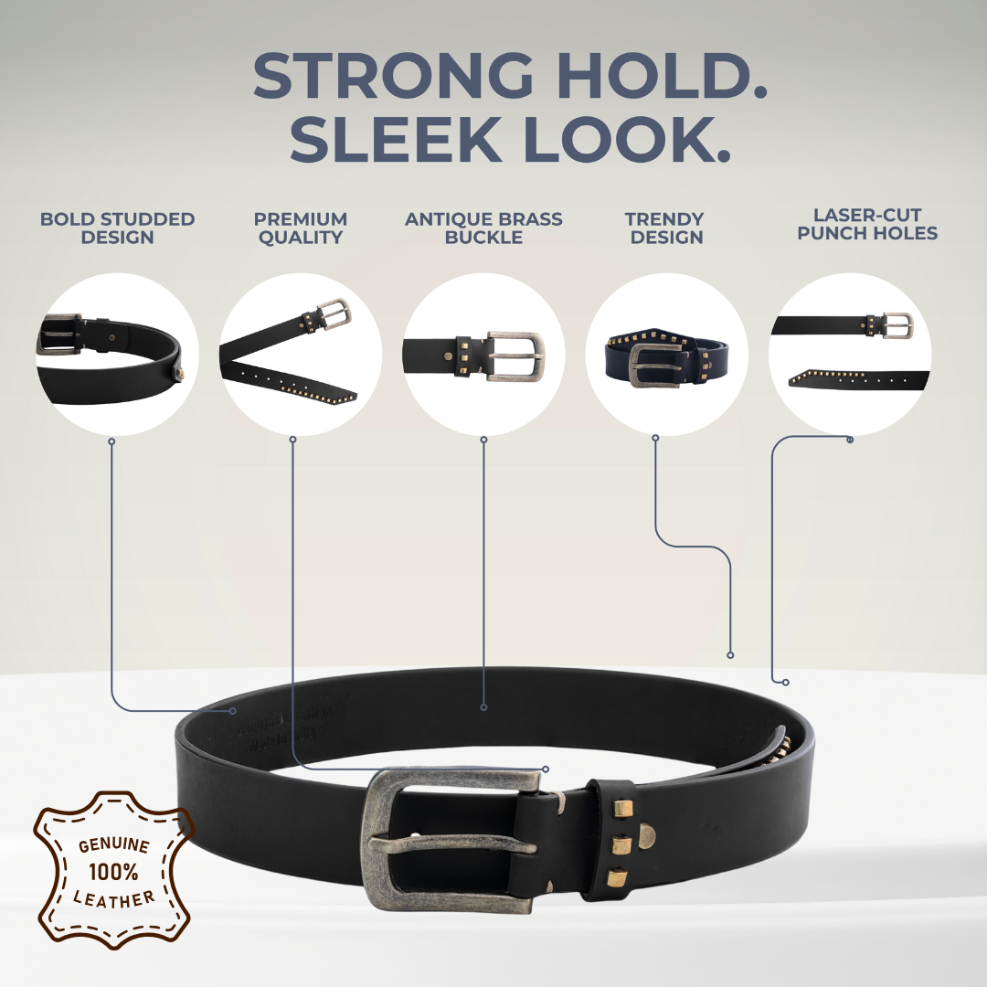 Black Genuine Leather Studded Belt for Women