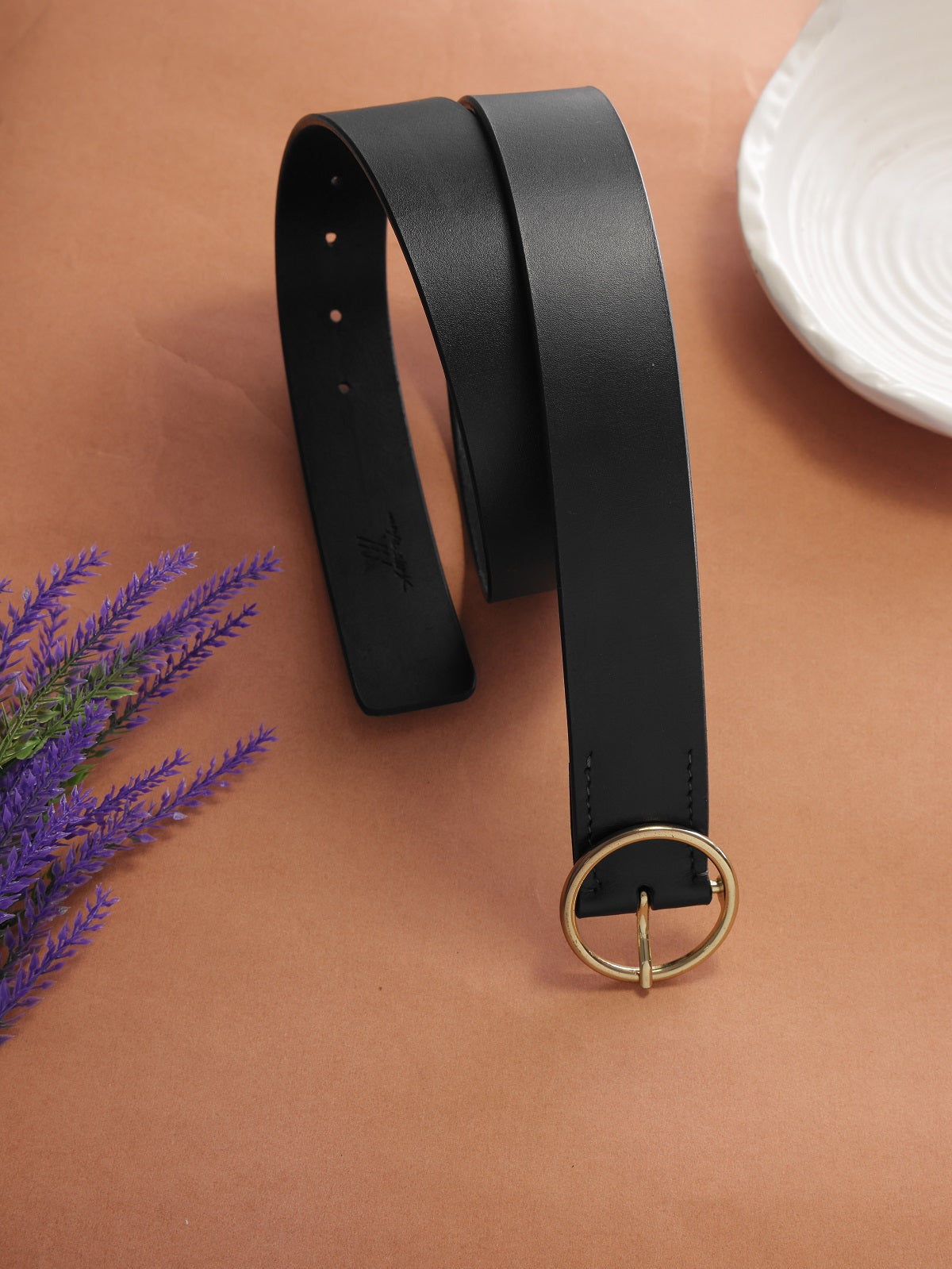 Aditi Wasan Women's Black Genuine Leather Belt with Golden O-Ring Buckle